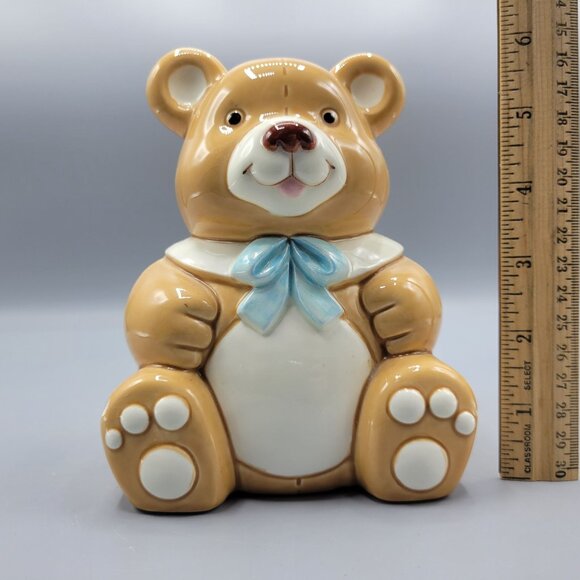 Vintage Lefton Geo Z. Teddy Bear Money Bank Light Brown Blue Bow Ceramic - Picture 13 of 13